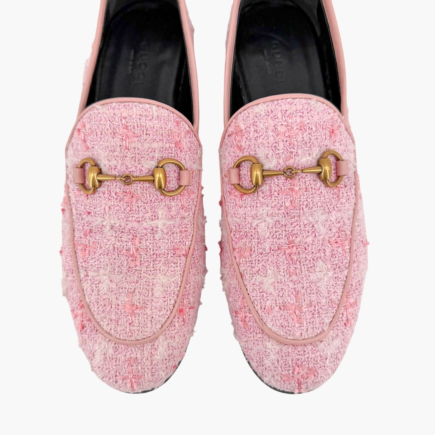 Gucci Jordaan Horsebit Loafers Pink Tweed Size 37