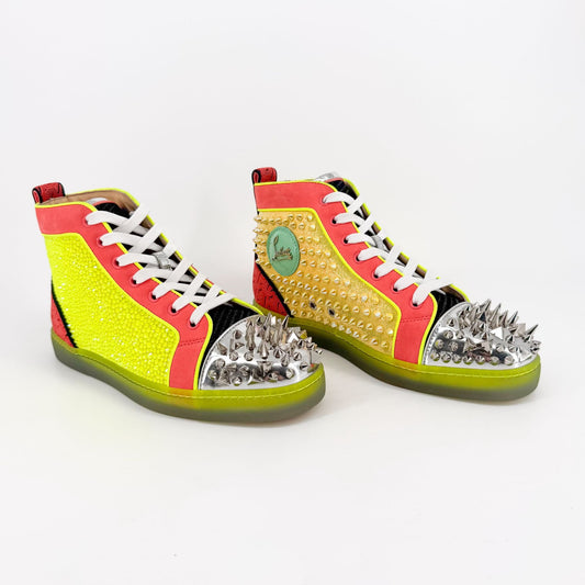 Christian Louboutin No Limit High Top Strass & Spike Sneakers in Coral &amp; Yellow/Gold Size 40