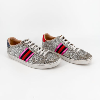 Gucci Ace Sneakers Silver Glitter Web Stripe Size 37