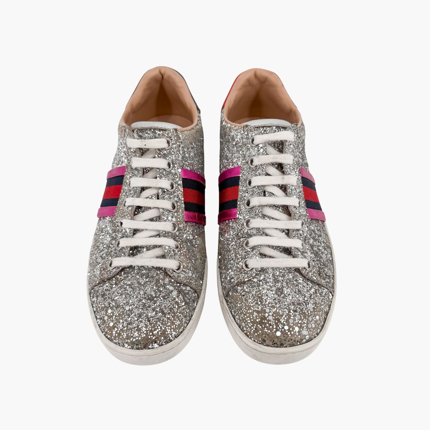 Gucci Ace Sneakers Silver Glitter Web Stripe Size 37