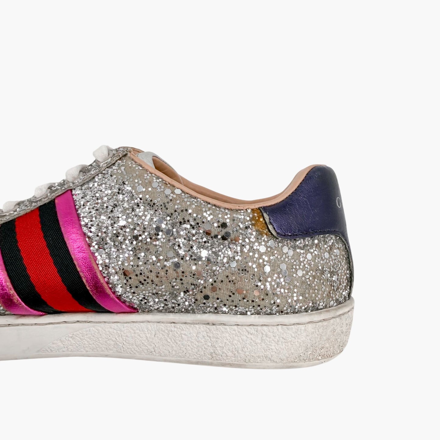 Gucci Ace Sneakers Silver Glitter Web Stripe Size 37