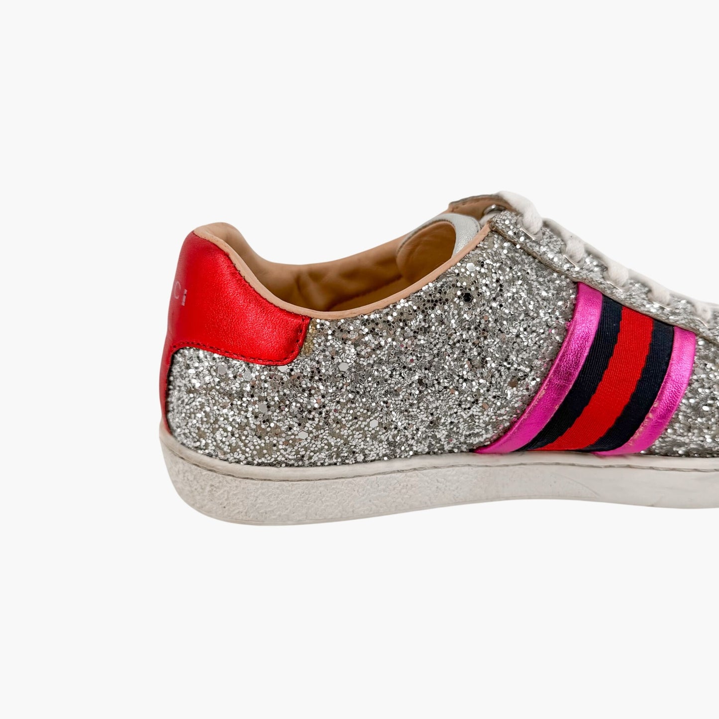 Gucci Ace Sneakers Silver Glitter Web Stripe Size 37