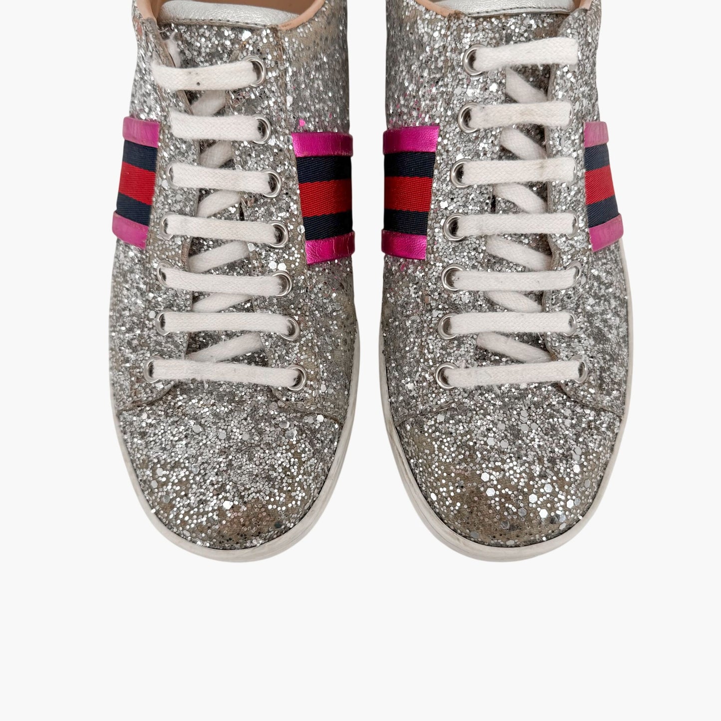 Gucci Ace Sneakers Silver Glitter Web Stripe Size 37