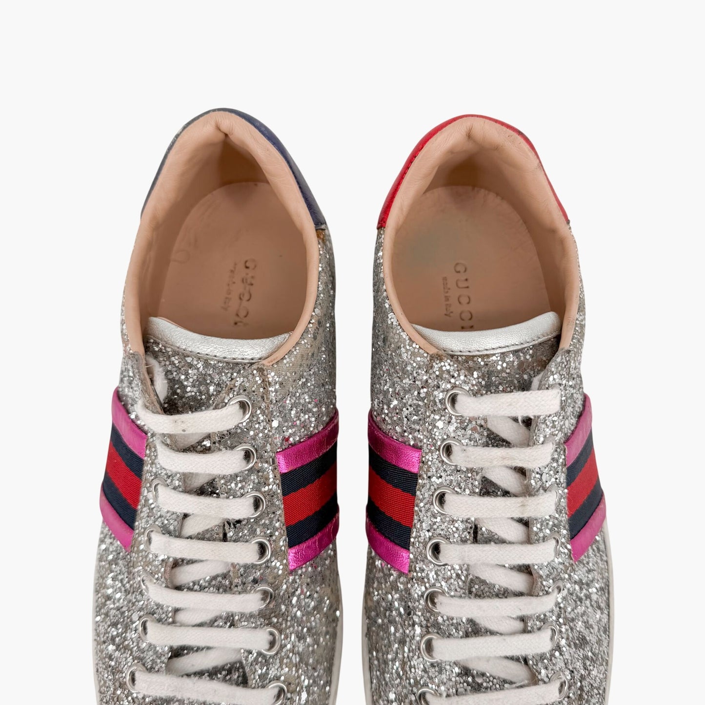 Gucci Ace Sneakers Silver Glitter Web Stripe Size 37