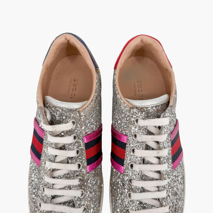 Gucci Ace Sneakers Silver Glitter Web Stripe Size 37
