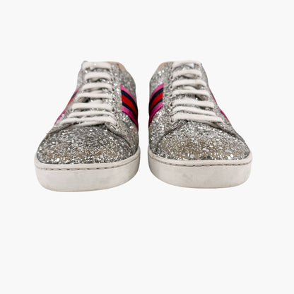 Gucci Ace Sneakers Silver Glitter Web Stripe Size 37