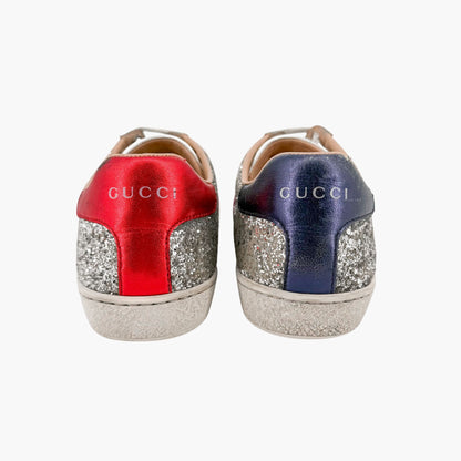Gucci Ace Sneakers Silver Glitter Web Stripe Size 37