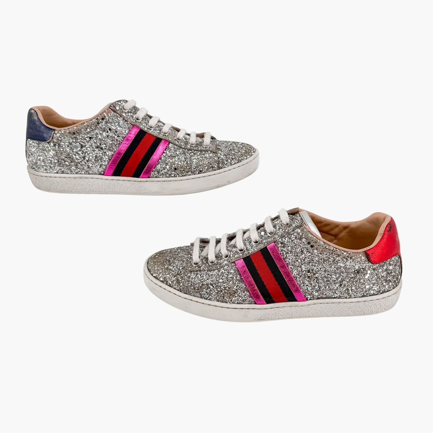 Gucci Ace Sneakers Silver Glitter Web Stripe Size 37