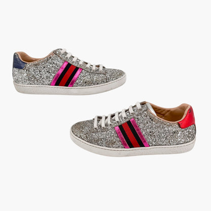 Gucci Ace Sneakers Silver Glitter Web Stripe Size 37