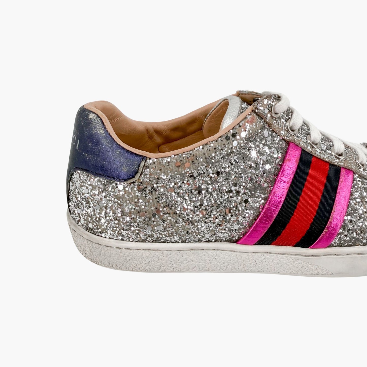 Gucci Ace Sneakers Silver Glitter Web Stripe Size 37