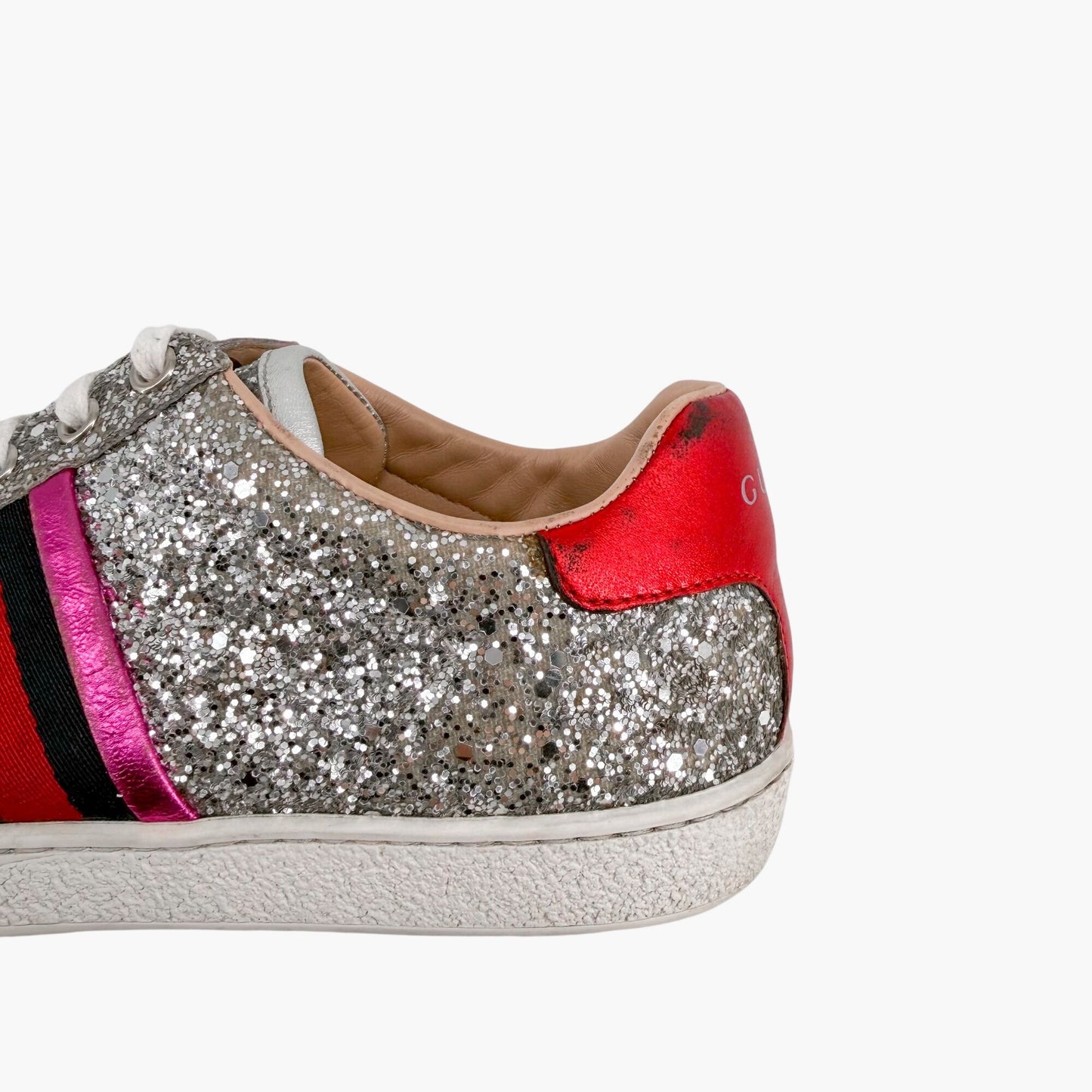 Gucci Ace Sneakers Silver Glitter Web Stripe Size 37