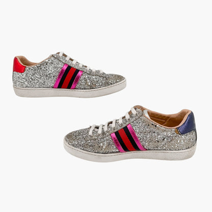 Gucci Ace Sneakers Silver Glitter Web Stripe Size 37