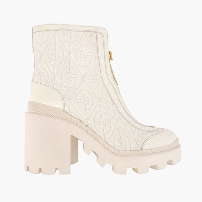 Gucci Trip Zip Front Ankle Boots in White Quilted Rhombus G Leather Size 38