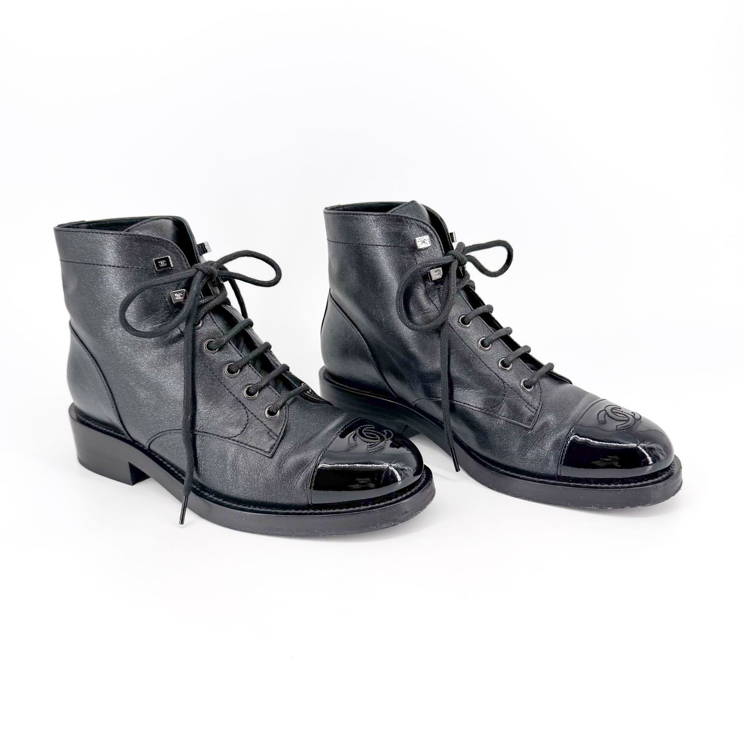 Chanel CC Cap Toe Combat Boots Black Glitter Size 39