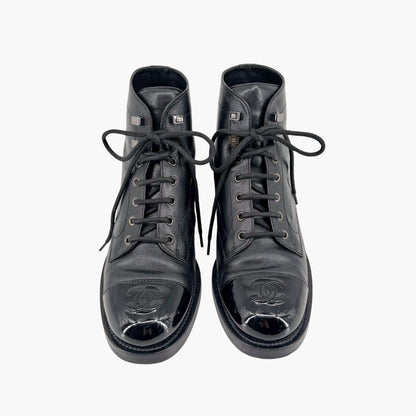 Chanel CC Cap Toe Combat Boots Black Glitter Size 39