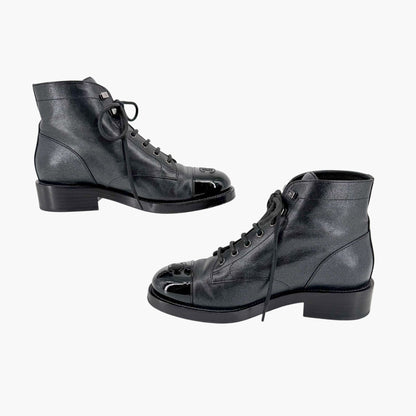 Chanel CC Cap Toe Combat Boots Black Glitter Size 39