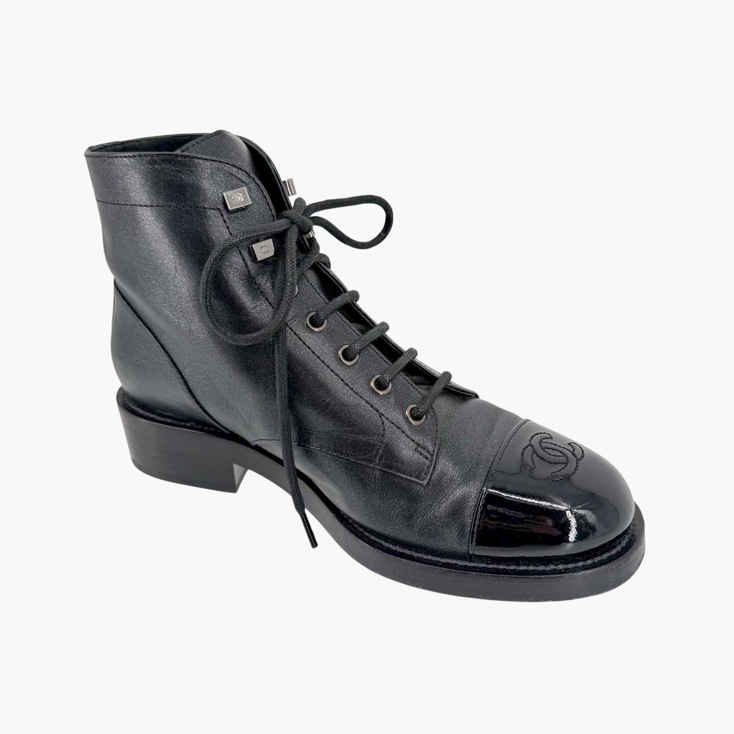 Chanel CC Cap Toe Combat Boots Black Glitter Size 39
