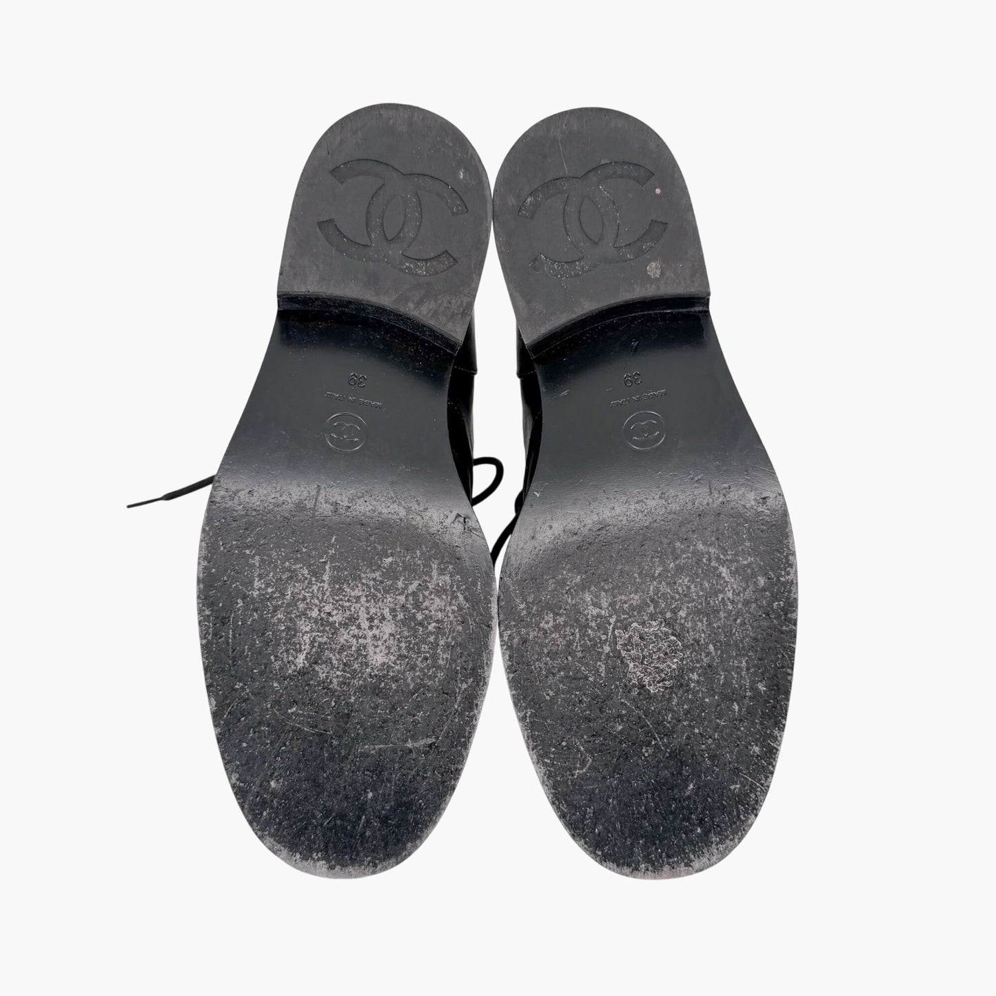 Chanel CC Cap Toe Combat Boots Black Glitter Size 39