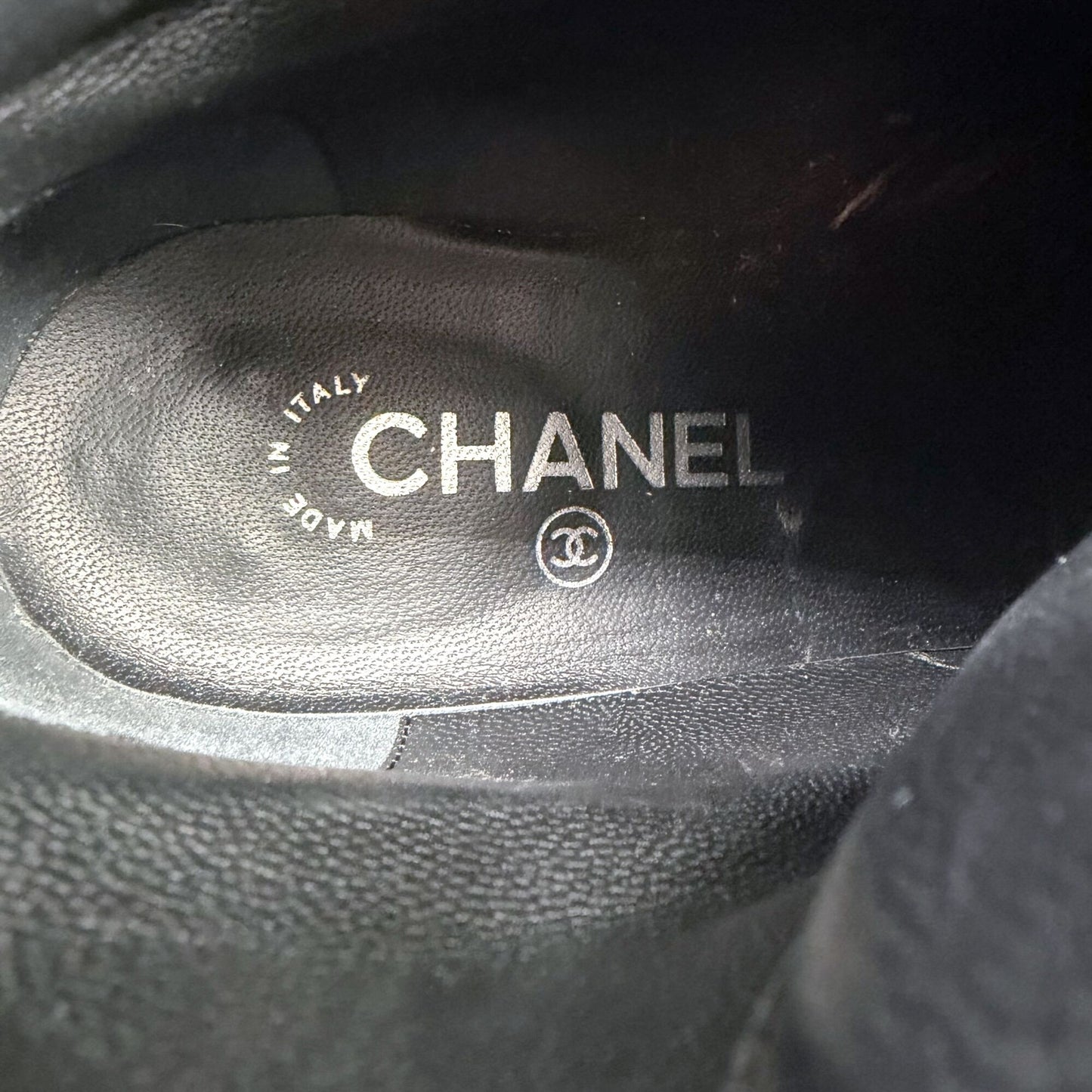 Chanel CC Cap Toe Combat Boots Black Glitter Size 39