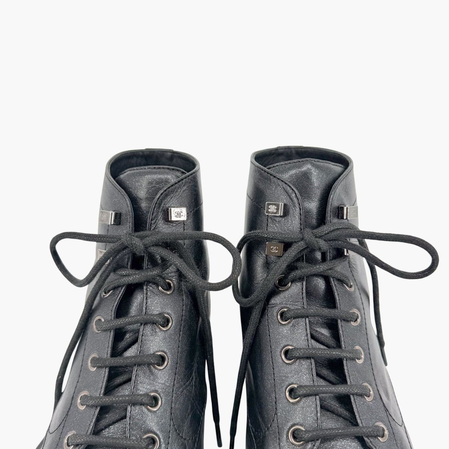 Chanel CC Cap Toe Combat Boots Black Glitter Size 39