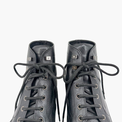 Chanel CC Cap Toe Combat Boots Black Glitter Size 39