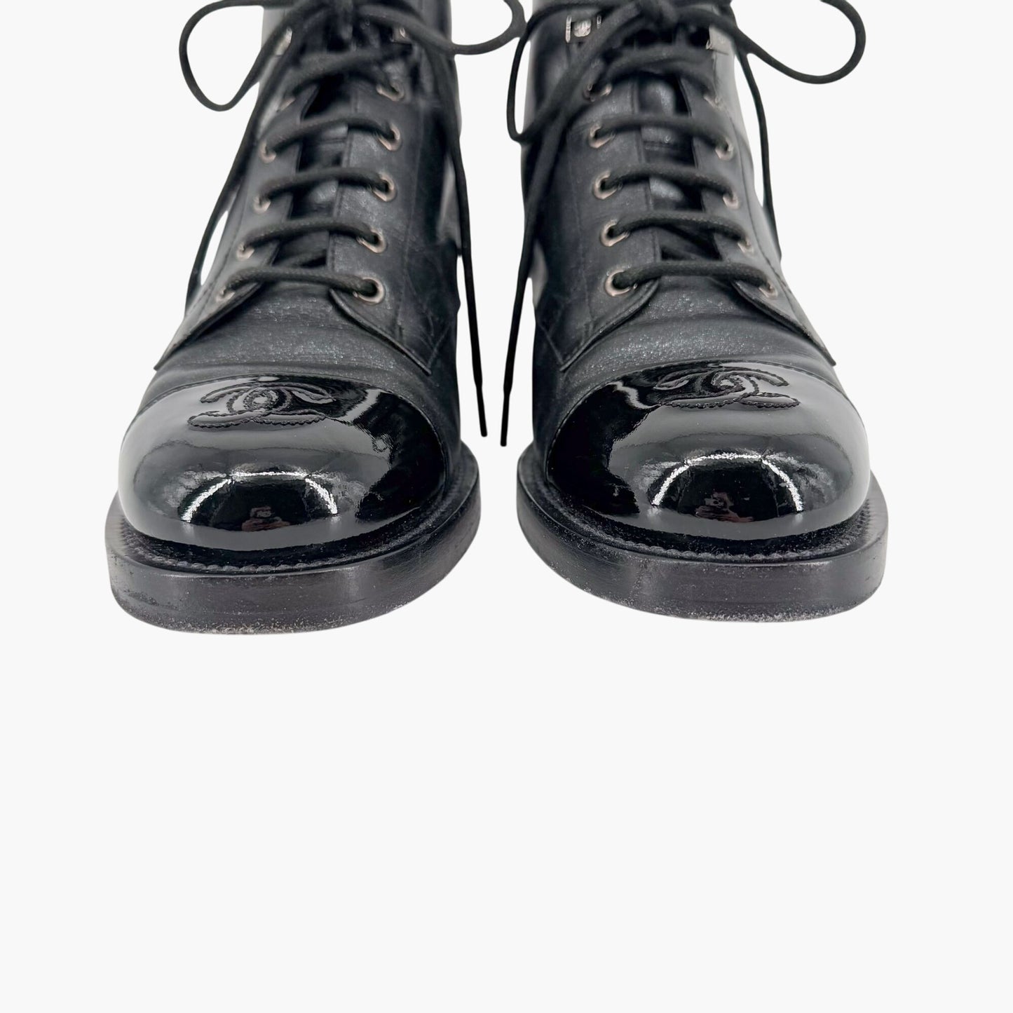 Chanel CC Cap Toe Combat Boots Black Glitter Size 39