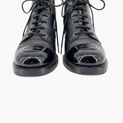 Chanel CC Cap Toe Combat Boots Black Glitter Size 39