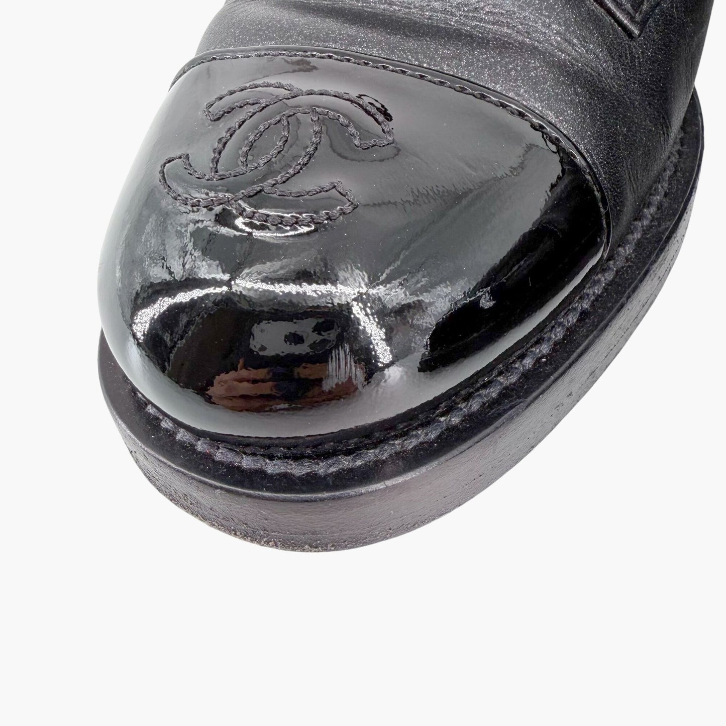 Chanel CC Cap Toe Combat Boots Black Glitter Size 39