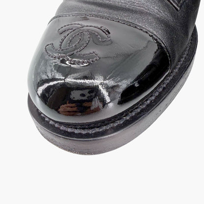 Chanel CC Cap Toe Combat Boots Black Glitter Size 39