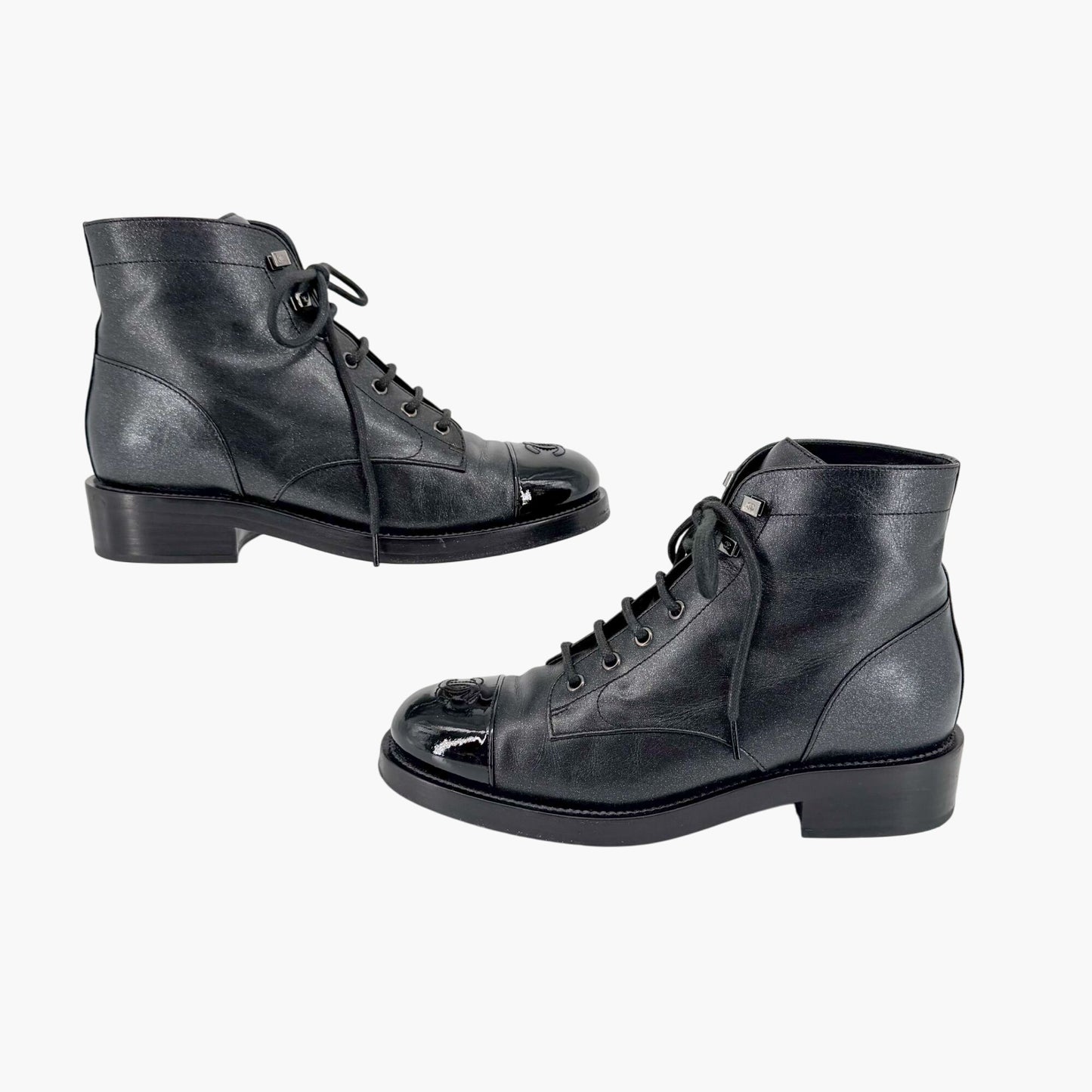 Chanel CC Cap Toe Combat Boots Black Glitter Size 39