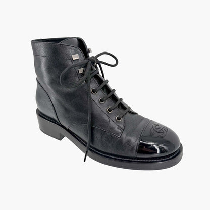 Chanel CC Cap Toe Combat Boots Black Glitter Size 39