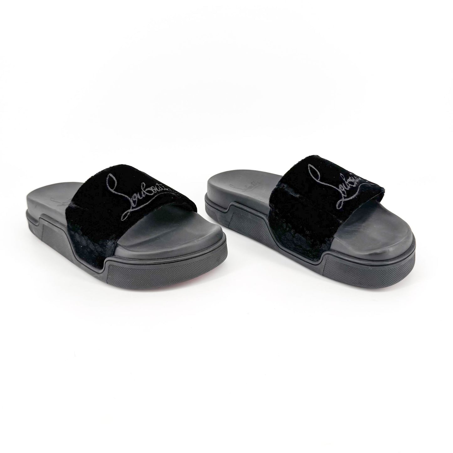 Christian Louboutin "Navy Pool" Logo Embroidered Slide Sandals in Black Velvet Size 37