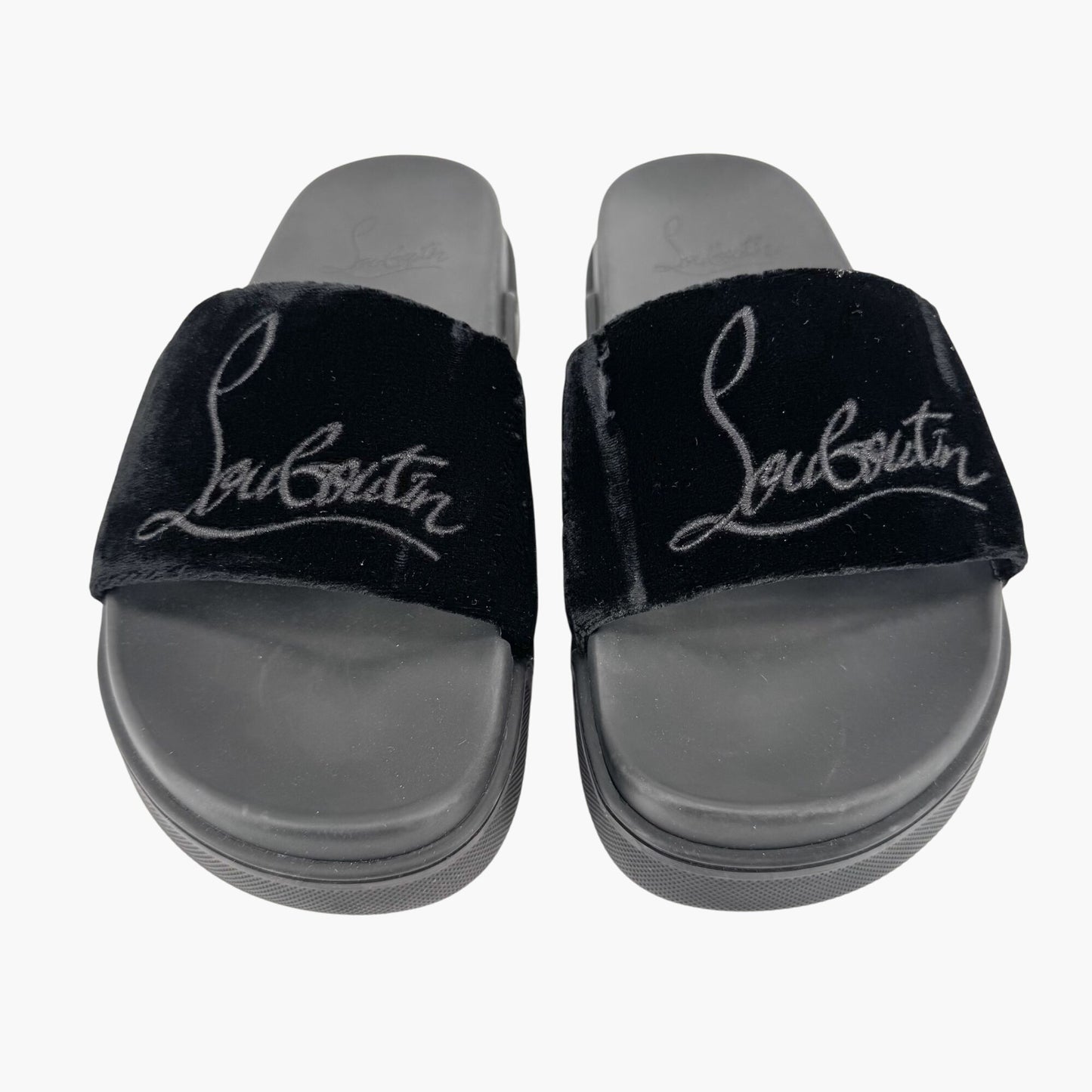 Christian Louboutin "Navy Pool" Logo Embroidered Slide Sandals in Black Velvet Size 37