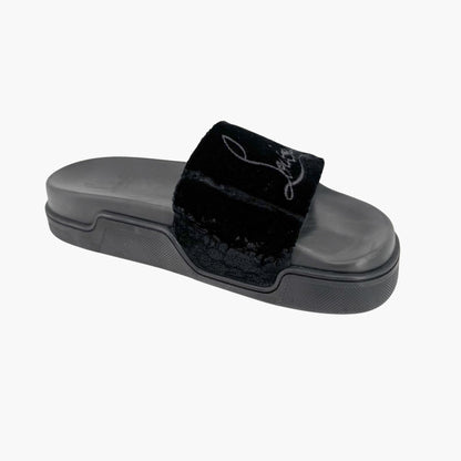 Christian Louboutin "Navy Pool" Logo Embroidered Slide Sandals in Black Velvet Size 37