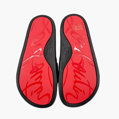 Christian Louboutin "Navy Pool" Logo Embroidered Slide Sandals in Black Velvet Size 37
