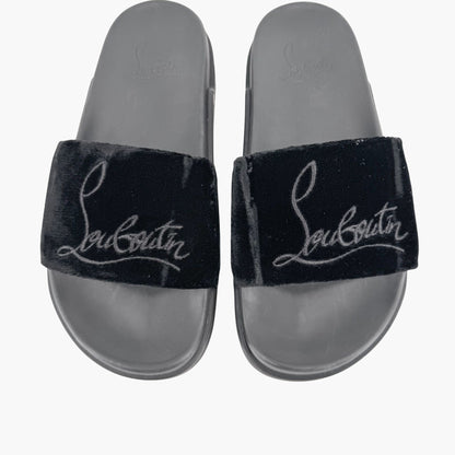 Christian Louboutin "Navy Pool" Logo Embroidered Slide Sandals in Black Velvet Size 37