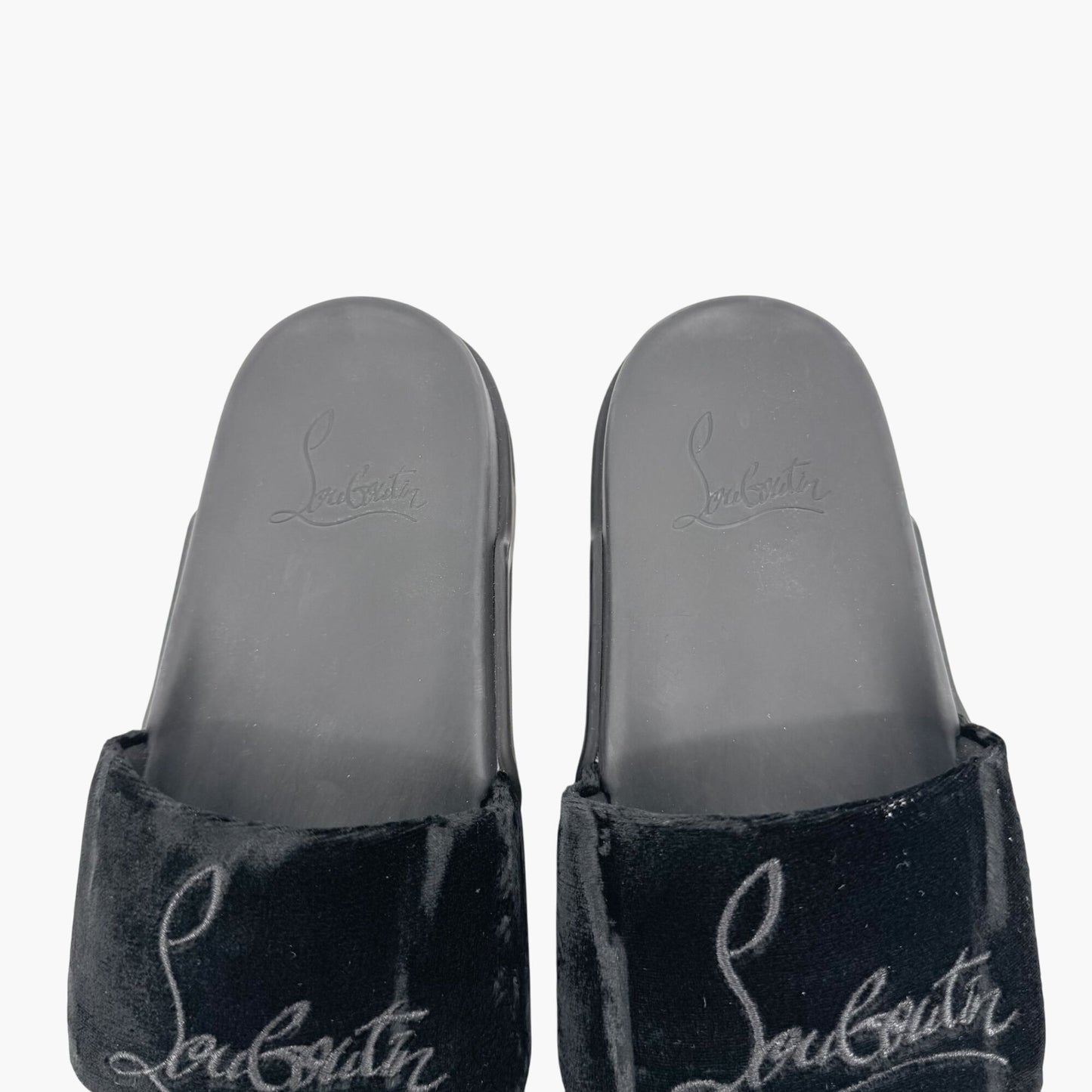 Christian Louboutin "Navy Pool" Logo Embroidered Slide Sandals in Black Velvet Size 37