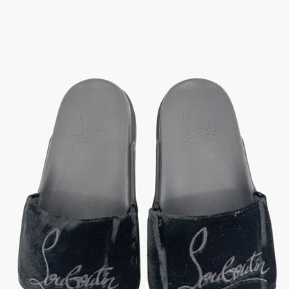 Christian Louboutin "Navy Pool" Logo Embroidered Slide Sandals in Black Velvet Size 37