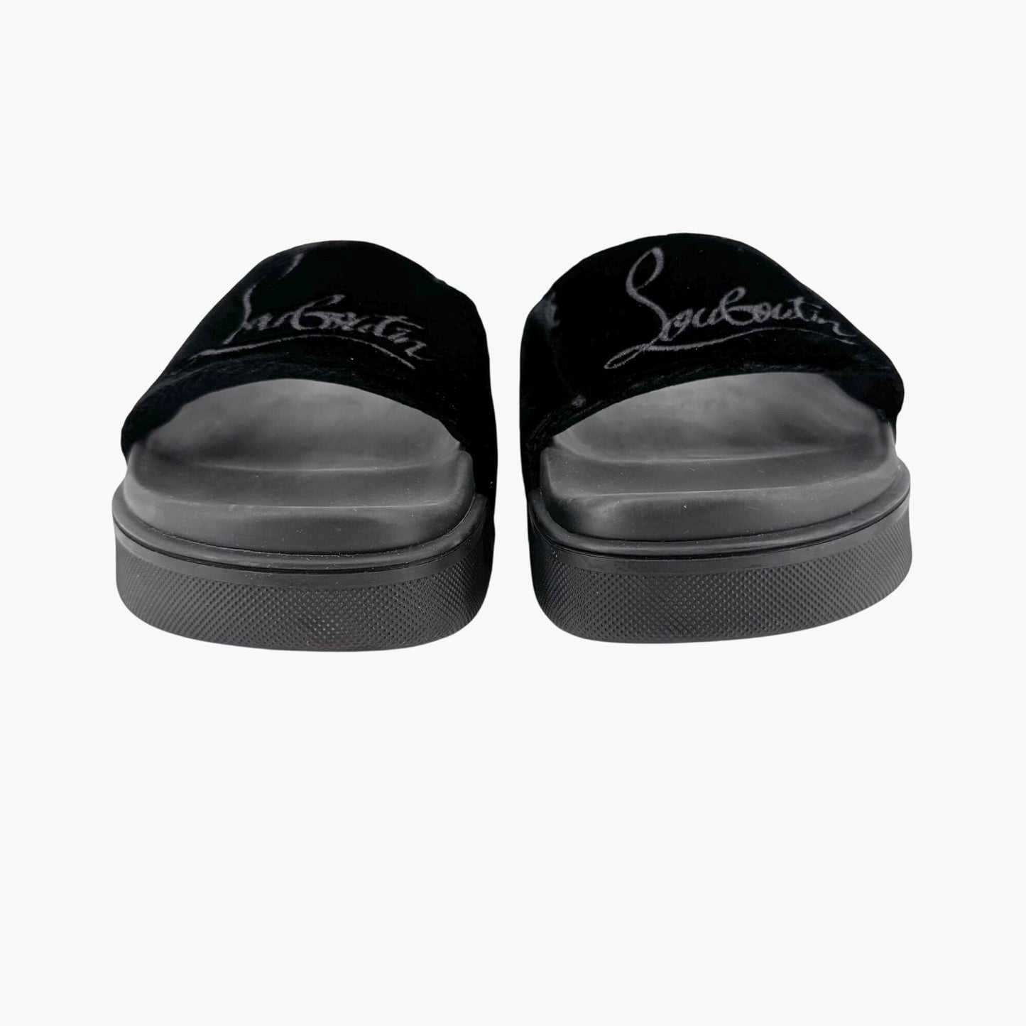 Christian Louboutin "Navy Pool" Logo Embroidered Slide Sandals in Black Velvet Size 37