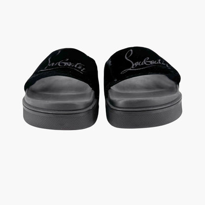 Christian Louboutin "Navy Pool" Logo Embroidered Slide Sandals in Black Velvet Size 37