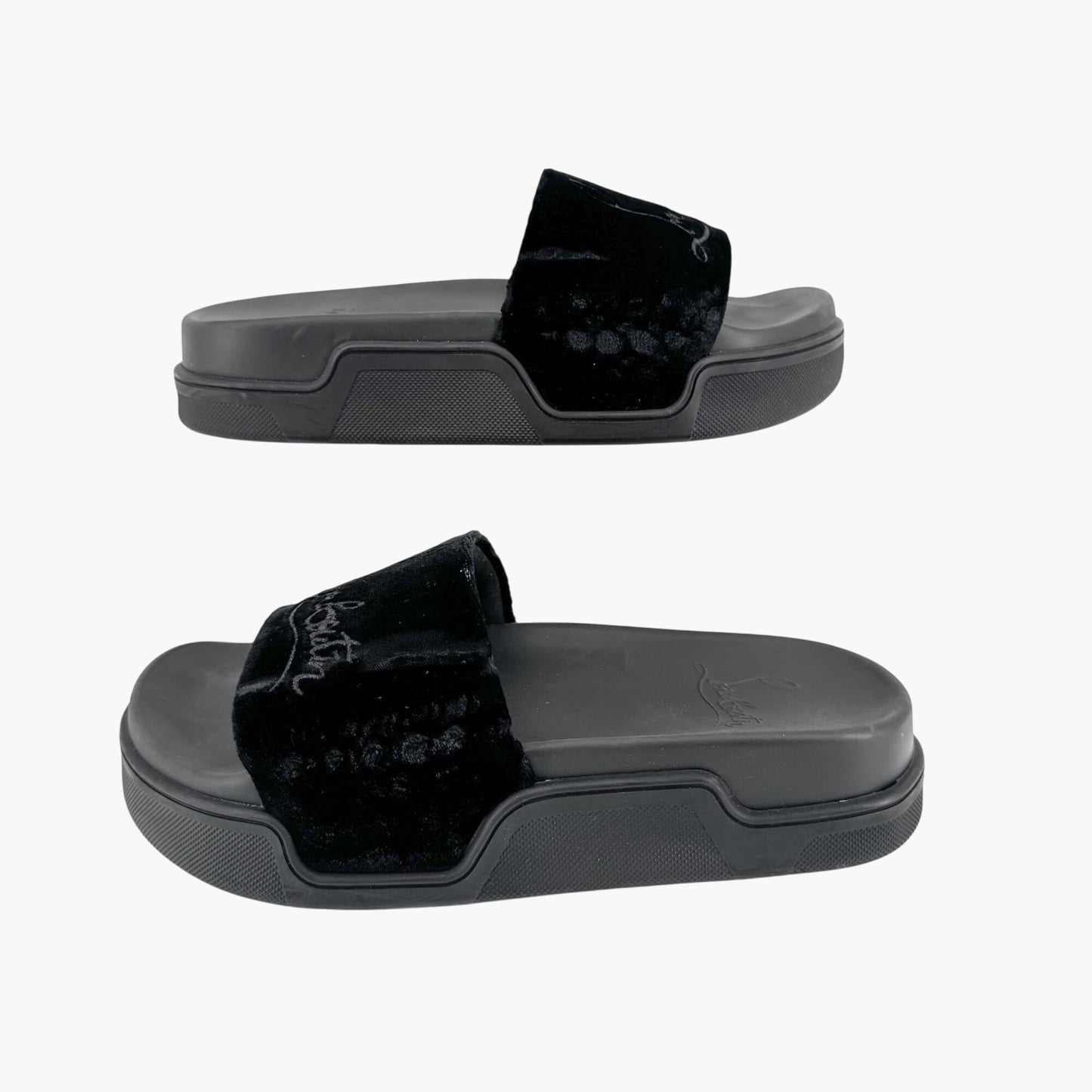 Christian Louboutin "Navy Pool" Logo Embroidered Slide Sandals in Black Velvet Size 37