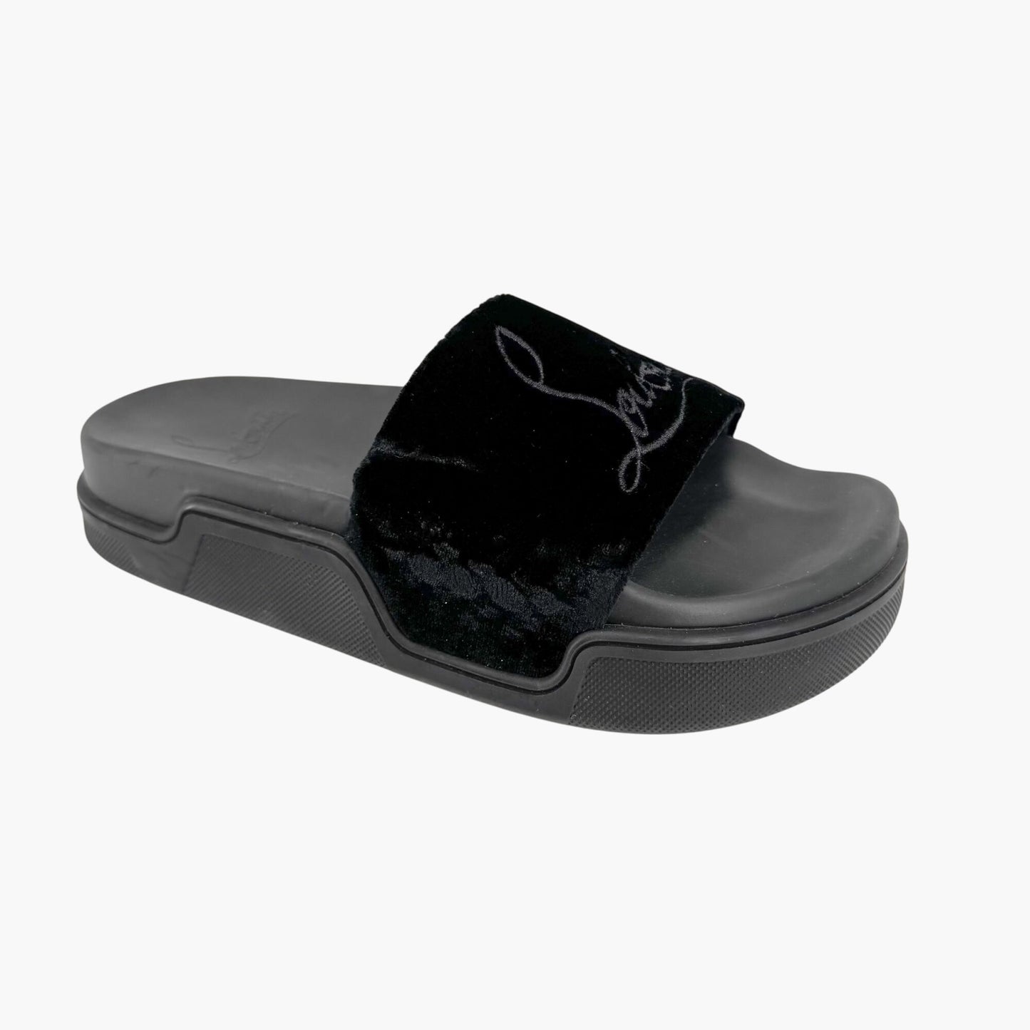 Christian Louboutin "Navy Pool" Logo Embroidered Slide Sandals in Black Velvet Size 37
