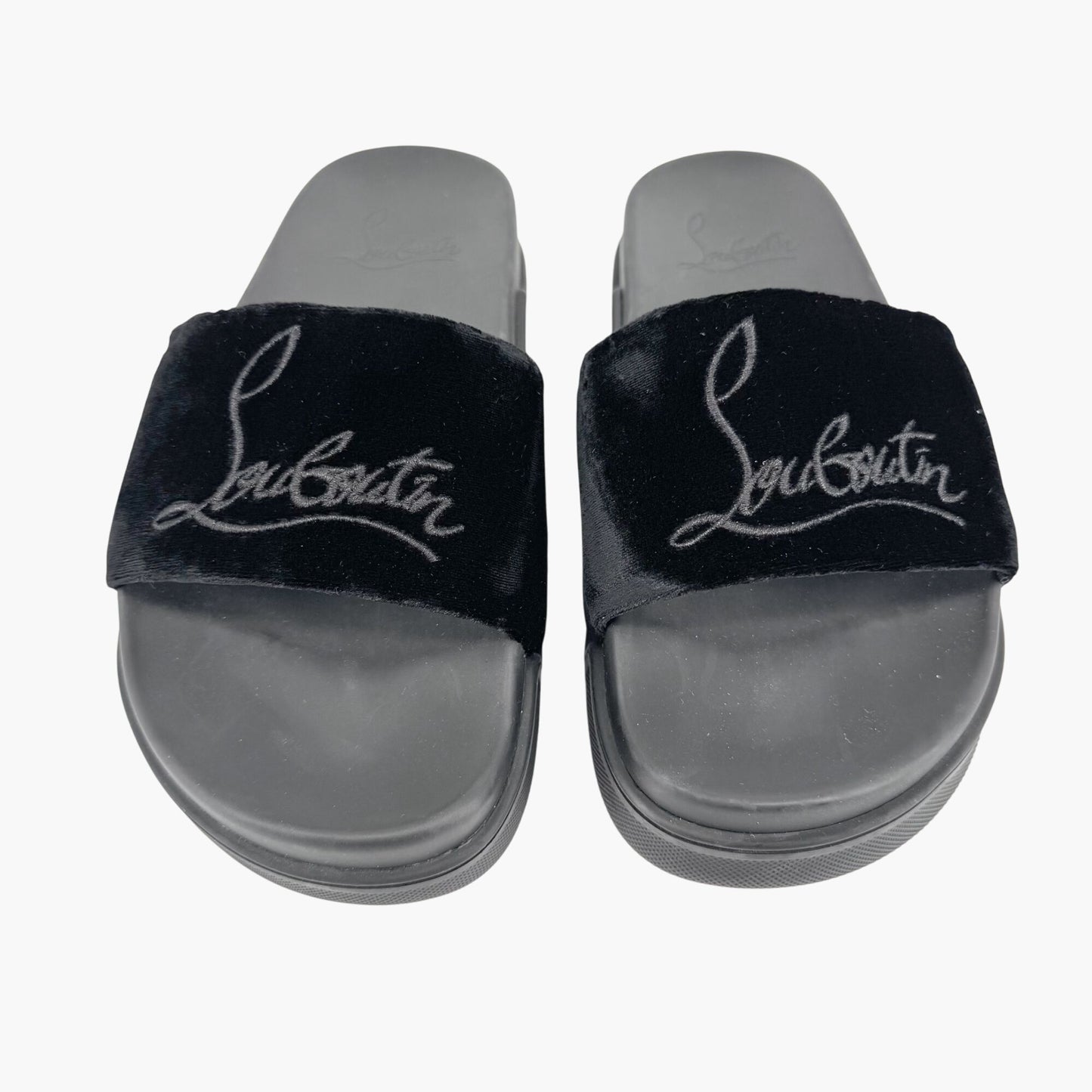 Christian Louboutin "Navy Pool" Logo Embroidered Slide Sandals in Black Velvet Size 37