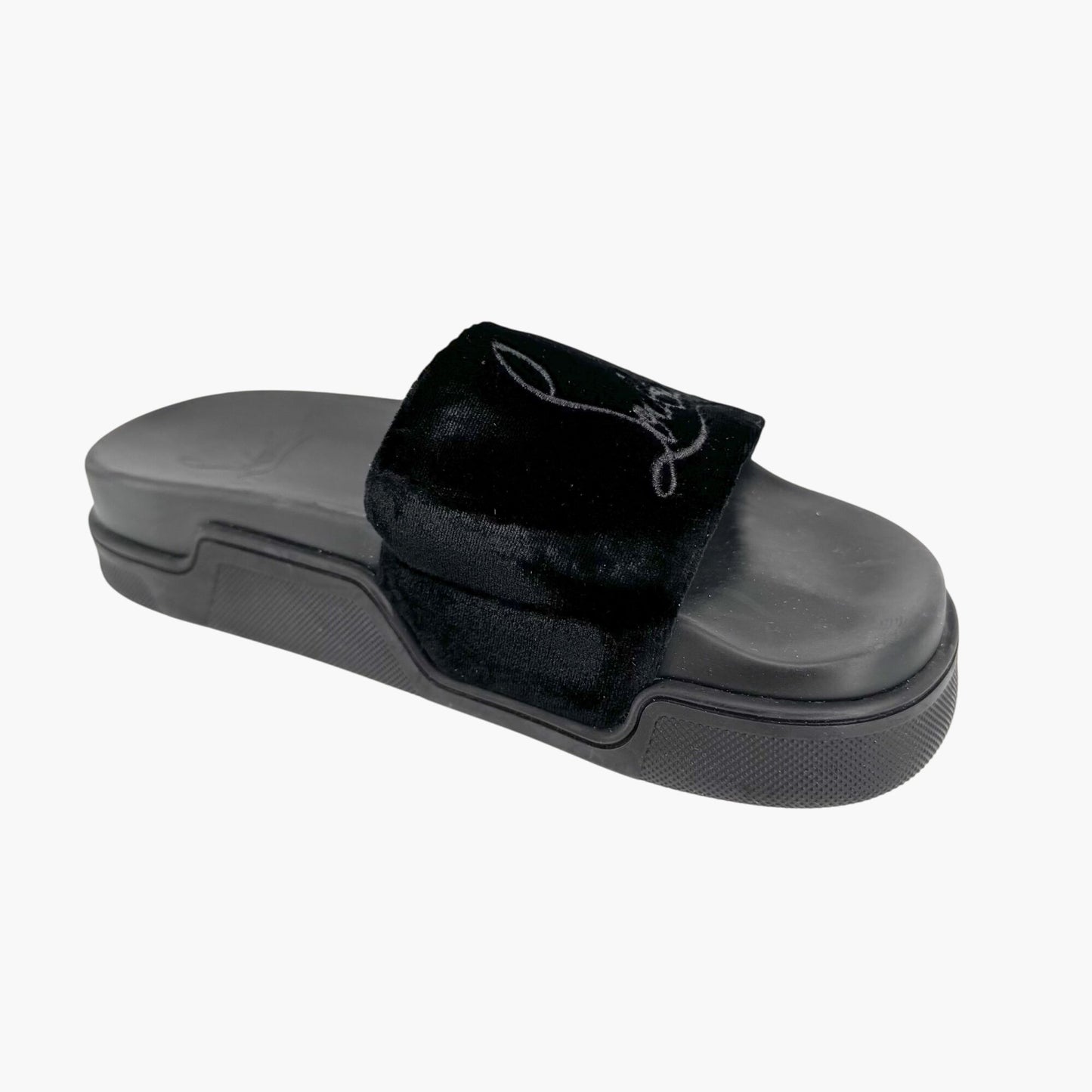 Christian Louboutin "Navy Pool" Logo Embroidered Slide Sandals in Black Velvet Size 37