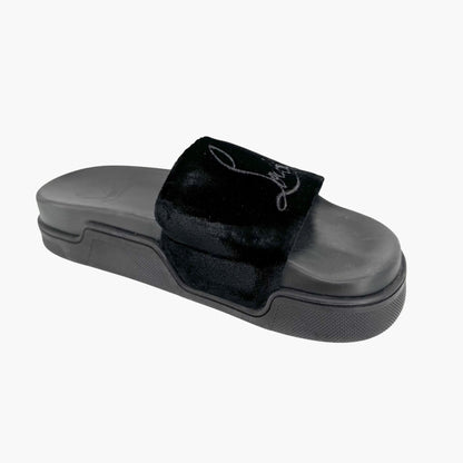 Christian Louboutin "Navy Pool" Logo Embroidered Slide Sandals in Black Velvet Size 37