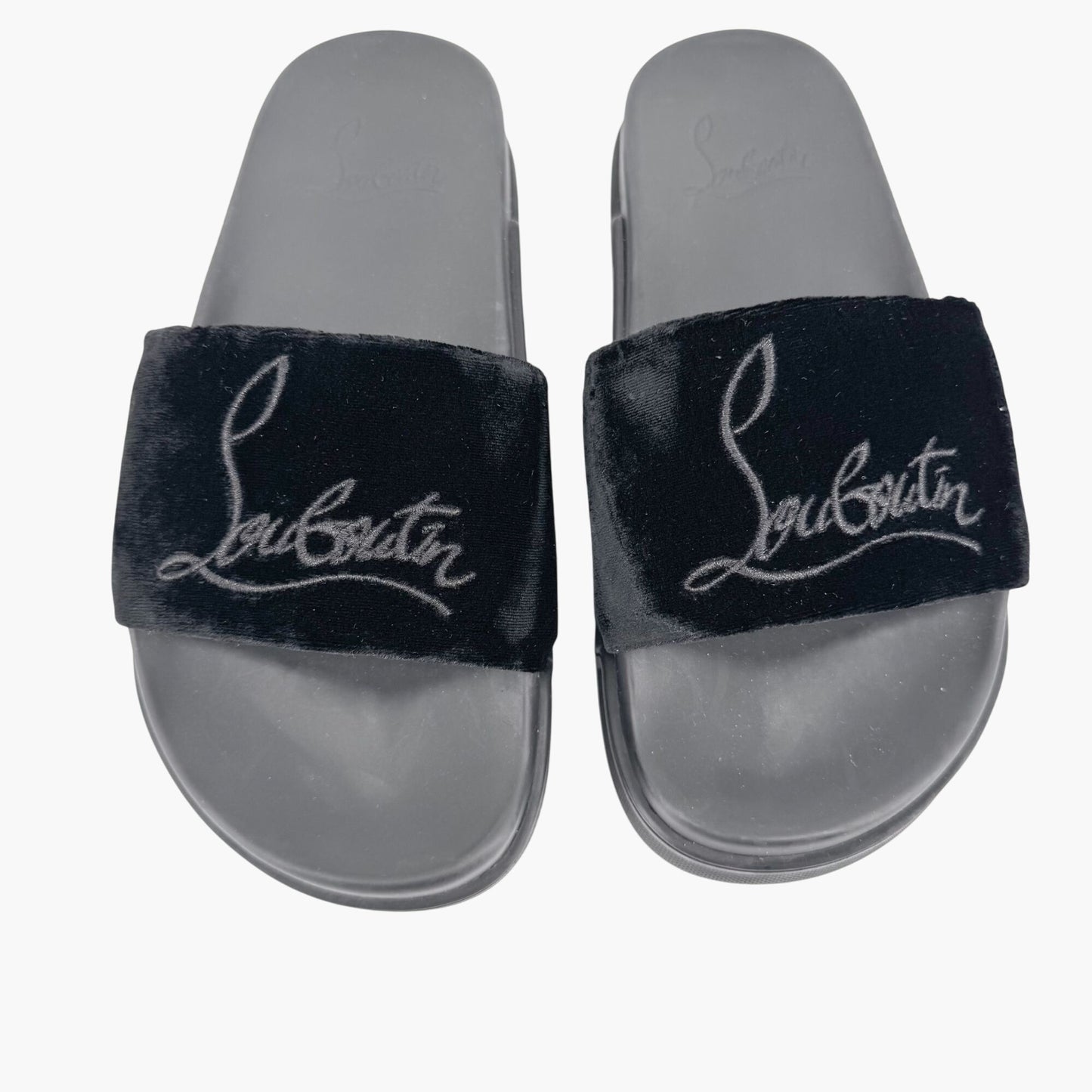 Christian Louboutin "Navy Pool" Logo Embroidered Slide Sandals in Black Velvet Size 37