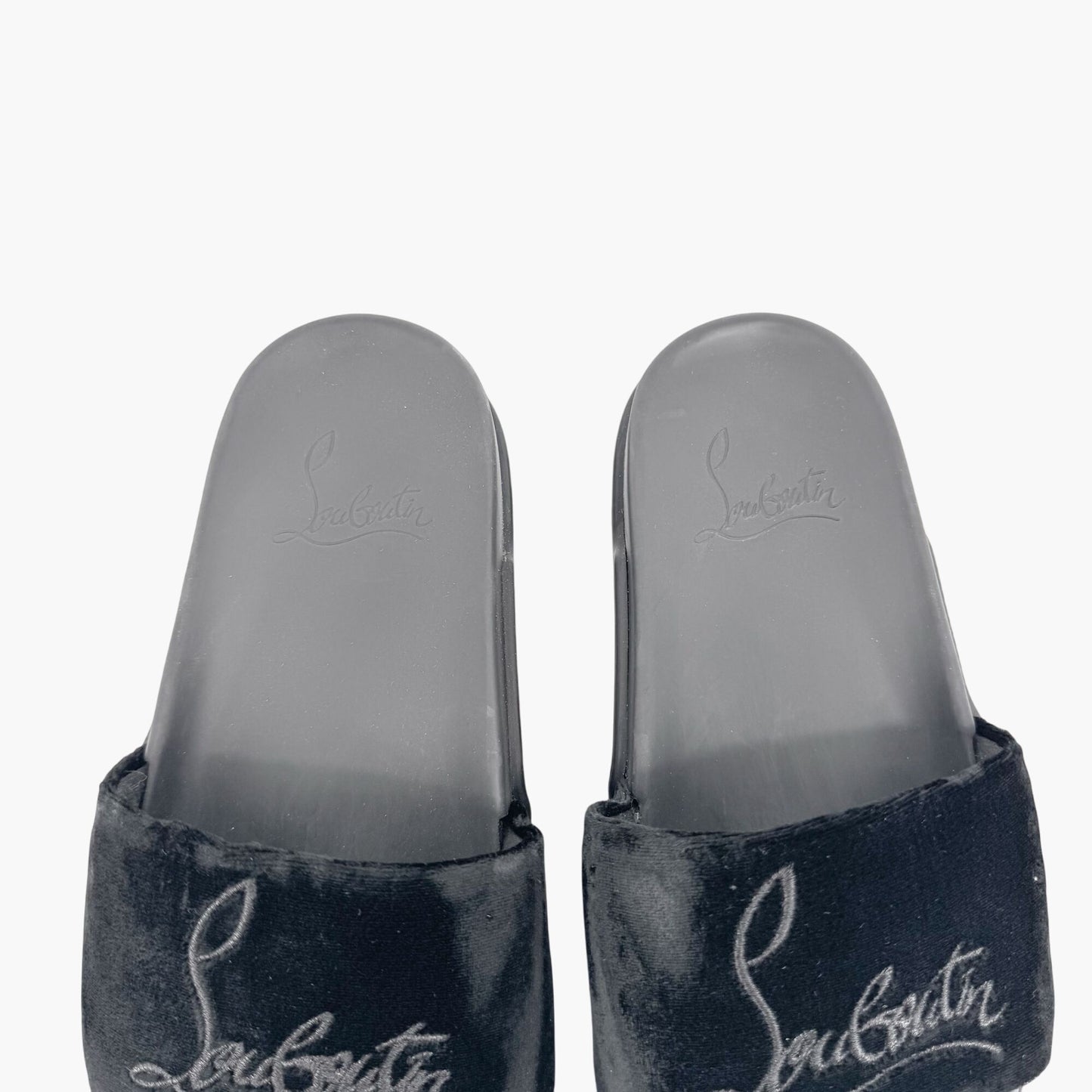 Christian Louboutin "Navy Pool" Logo Embroidered Slide Sandals in Black Velvet Size 37