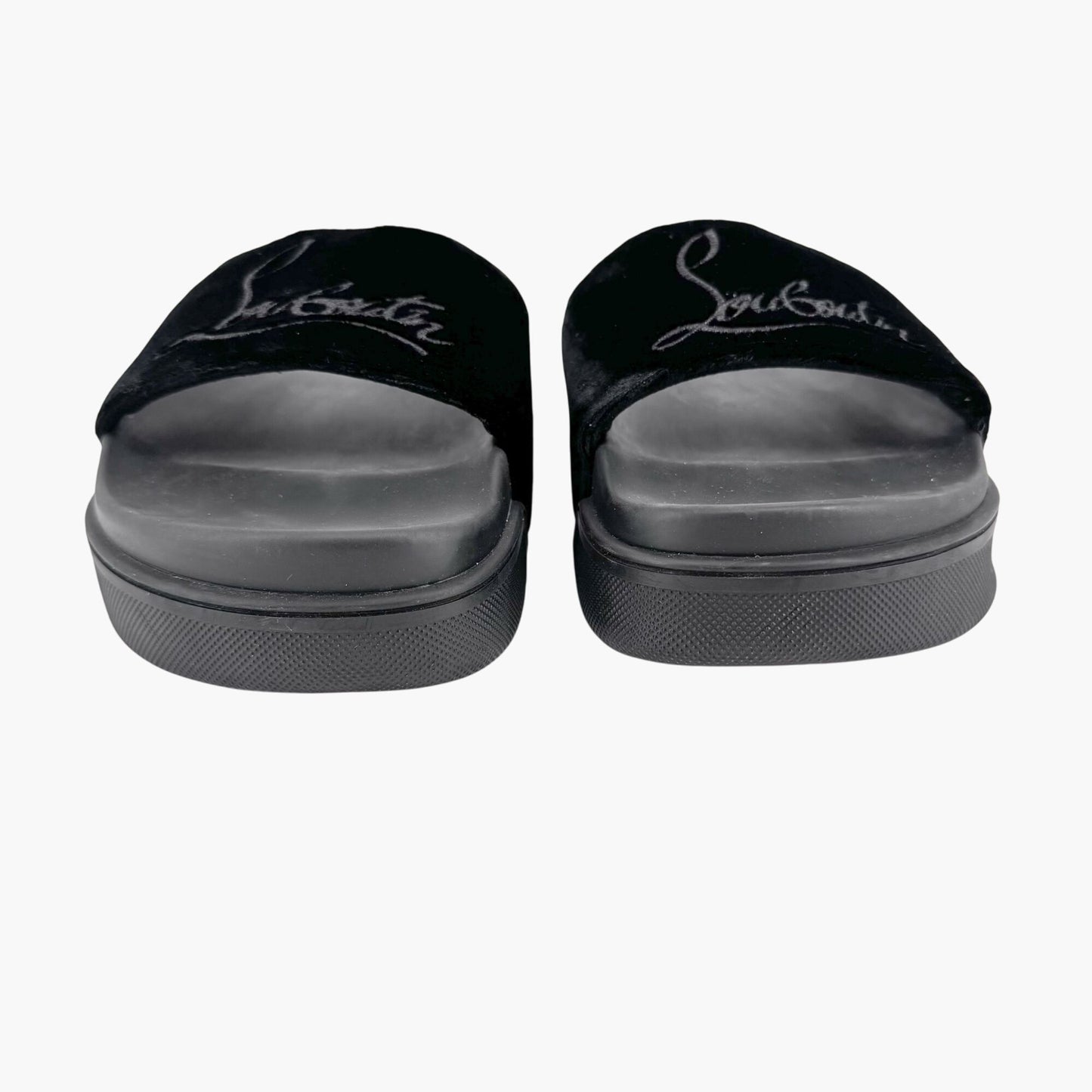 Christian Louboutin "Navy Pool" Logo Embroidered Slide Sandals in Black Velvet Size 37