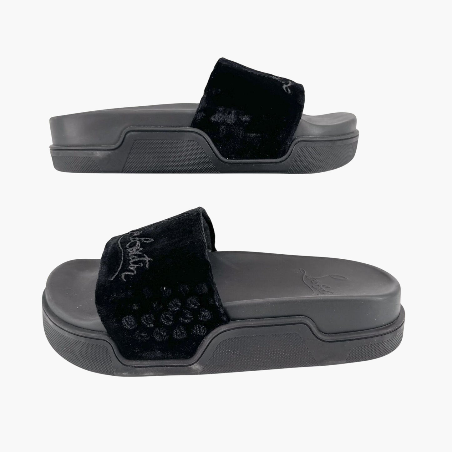 Christian Louboutin "Navy Pool" Logo Embroidered Slide Sandals in Black Velvet Size 37