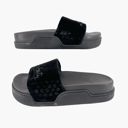 Christian Louboutin "Navy Pool" Logo Embroidered Slide Sandals in Black Velvet Size 37